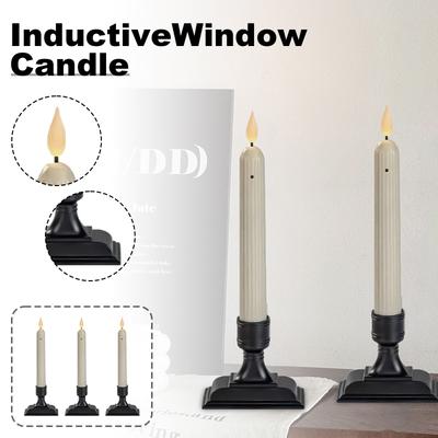 6 Pcs Window Candles With Dusk To - Ivory Stripped Candlesticks With Suction Cups, Roman Column Battery Operated Flameless LED Taper For Christmas