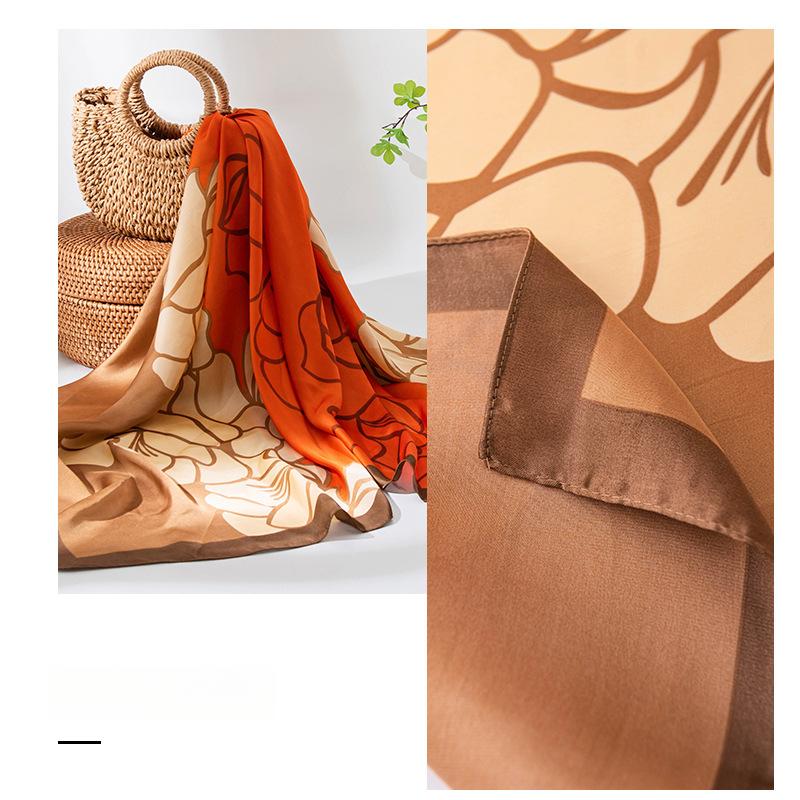 Temperament Color Matching Flower Long Imitation Silk Scarf Orange Khaki Printing Spring and Autumn Versatile Sunscreen Large Shawl