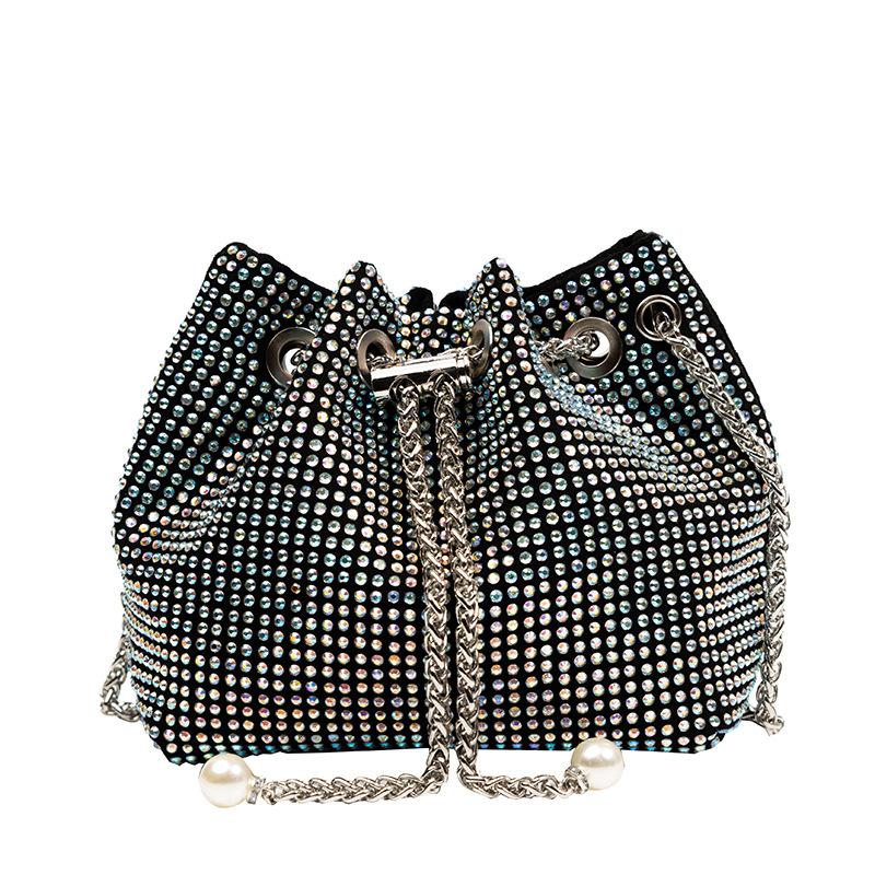 

2024 новый европейский и американский тренд pu hot diamond pumping belt bucket bag персонализированная универсальная сумка через плечо косая сумка модная серебряный