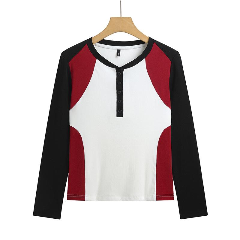 

Женский облегающий топ с длинным рукавом и цветными блоками, с полуоткрытым воротником, для весны и осени 2025 Large