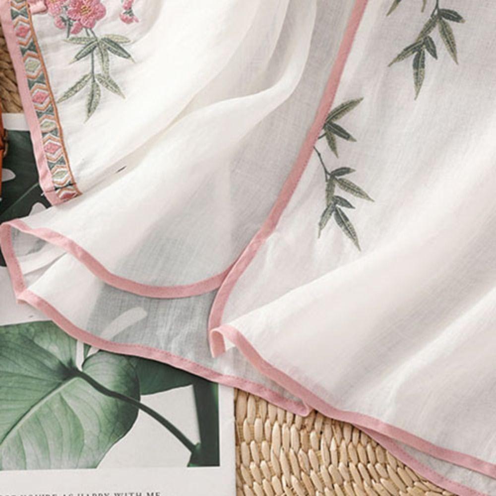 Retro Embroidered Floral Top Frog Button Ethnic Style Top Short Sleeved Shirts  Spring/Summer