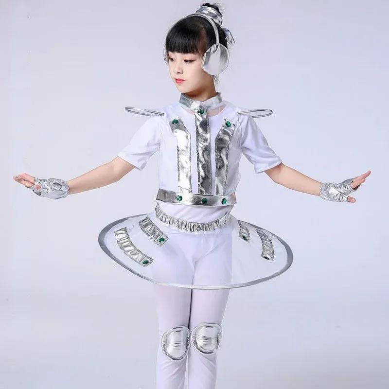 Costume Bambini Robot Spazio Stile Futuro Ragazzi Ragazze Abito da Esibizione Alieno Halloween Spettacolo Teatrale Festa Cosplay Vestiti per Travestirsi