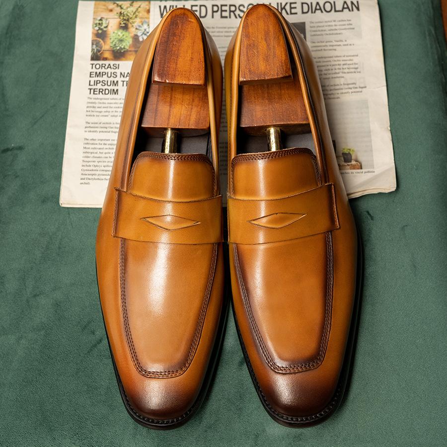 Penny Loafers Square Head Leather Shoes Men's Business Casual Cowhide Men's Shoes One Pedal