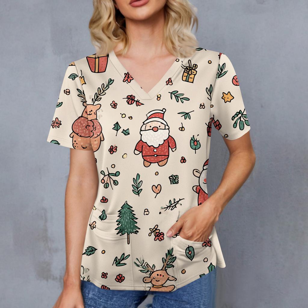 Women's Christmas Print V-Neck Double Pocket Short Sleeves Hem Slit Uniform And Caregiver Top