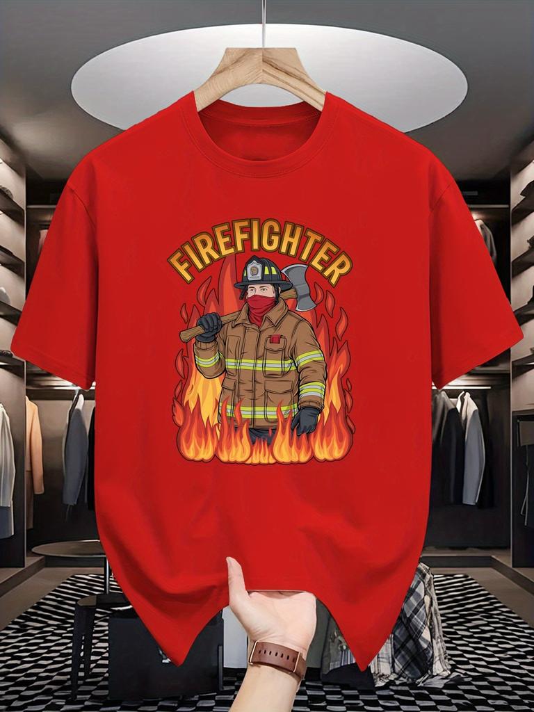 Unisex Crew Neck Tee Firefighter Retro Flame Art Cartoon Print Soft Cotton Loose Short Sleeve Summer Casual Male Streetwear Tops