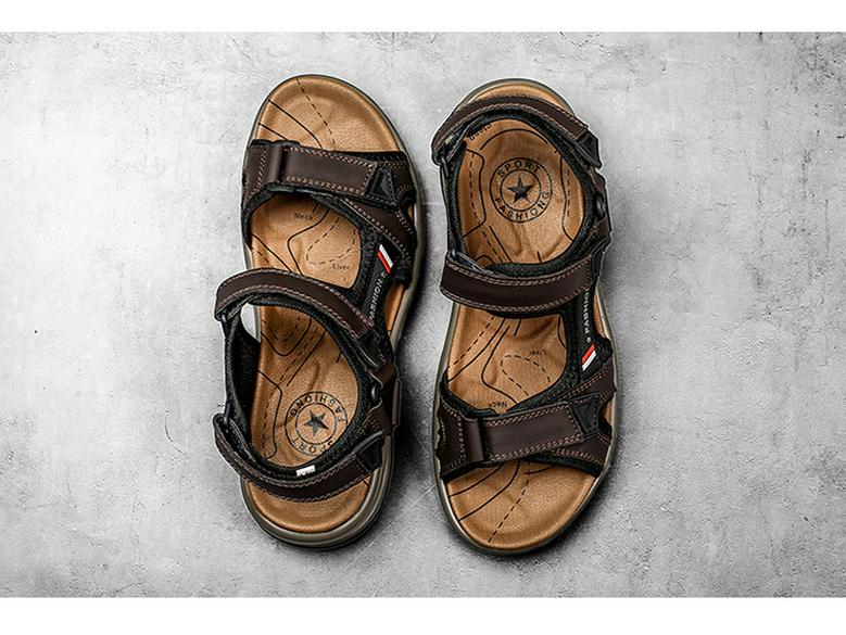 Men's Casual Genuine Leather Open-Toe Beach Sandals with Air Cushion - Lightweight and Plus Size for Outdoor Activities.