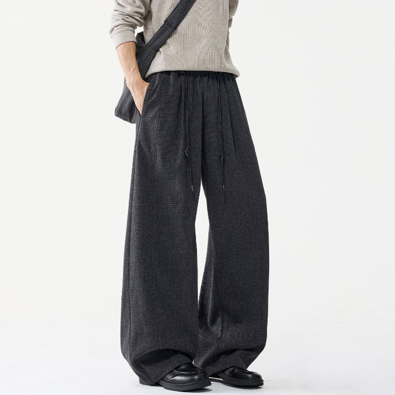 Mens Loose Retro Casual Drooping Straight Long Imitation Wool Trousers