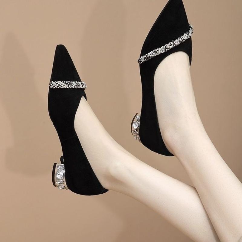 Black Pointed Toe Rhinestone Low Heel Elegant Shoes for Women Popular With Discount Footwear Spring Chic Point Y2k Woman Pumps
