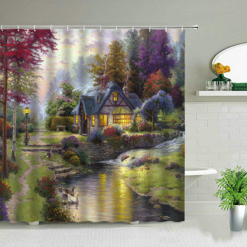 Forest Landscape Shower Curtains Green Tropical Plant Palm Tree Flower Leaves Garden Natural Scenery Bathroom Decor Bath Curtain