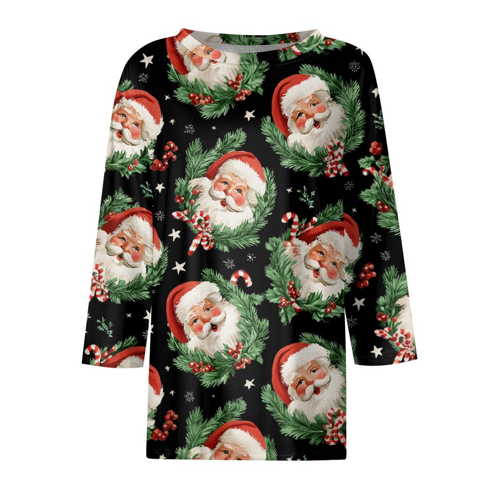 Women's Fashion Casual Round Neck 3/4 Sleeve Loose  Printed T-Shirt Ladies Top