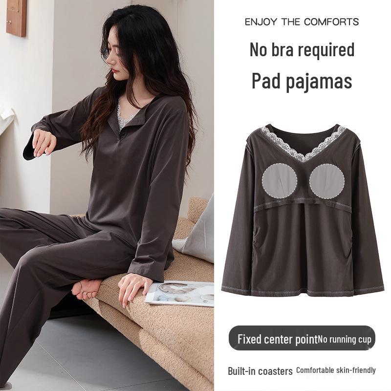 Women's Autumn Cotton Pajama Set with Chest Pad - Long Sleeve, Long Pants, Sporty Outdoor Homewear