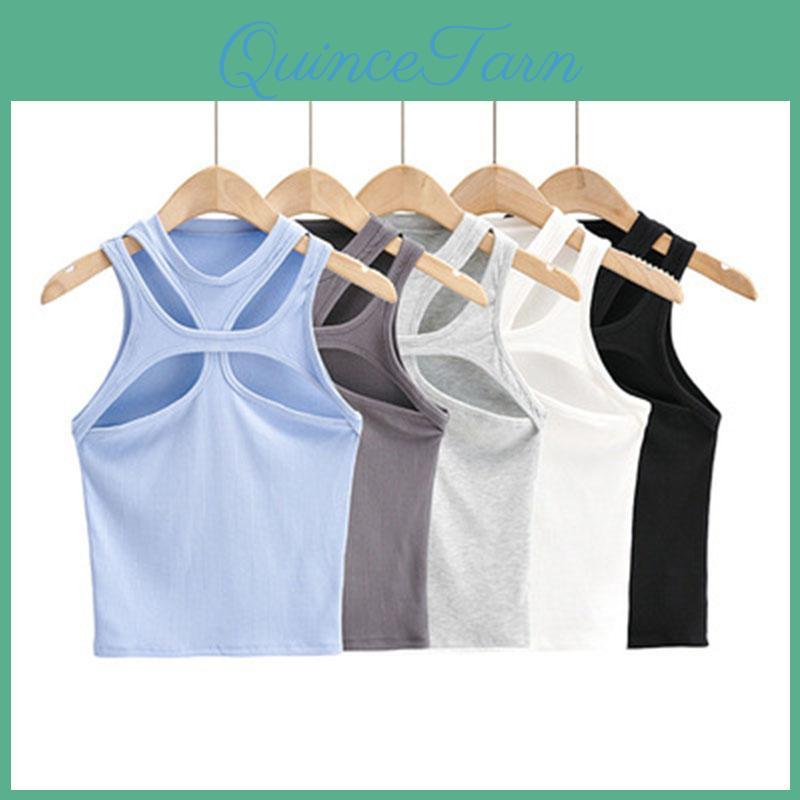 Girls New Solid Asymmetrical Hollow Color Knitted Round Neck Shortsleeved Summer Sexy Vest On The Chest