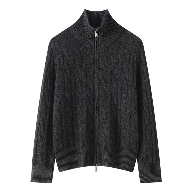 Lekasha Ribbed Aran Pattern Cashmere Cardigan - Soft Old Sheepskin Stand Collar Zipper Plush.