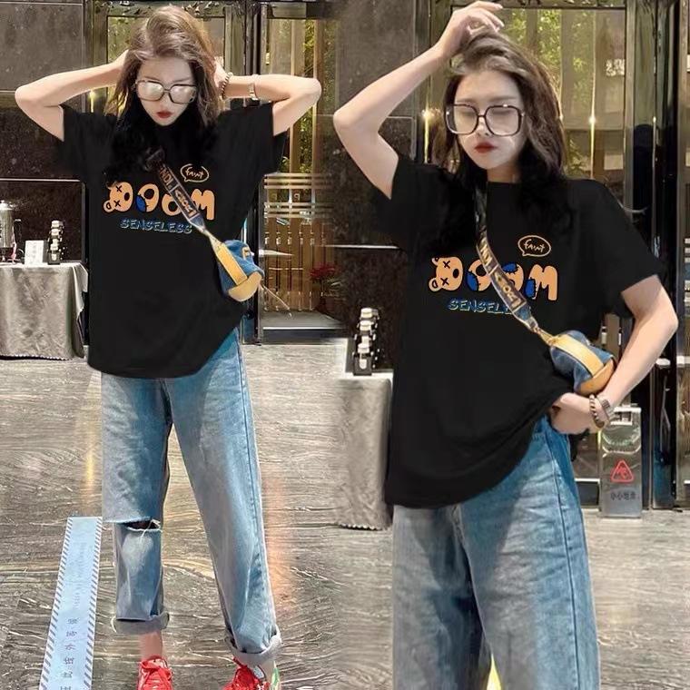 

Top 2025 new cotton short-sleeved t-shirt women s summer medium and long round neck loose printed t-shirt ns tide XXXL чорний