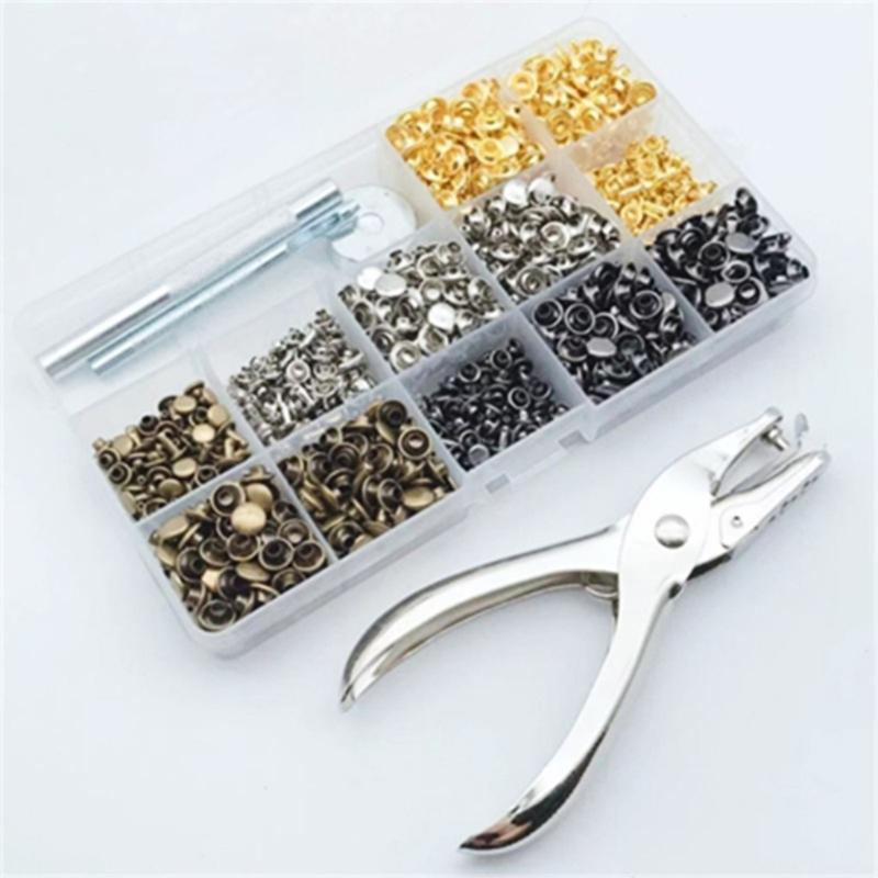 480 Sets Leather Rivets Double Caps Rivets Tubular Metal Studs with 3 Setting Tool Punch Plier for Leather Craft Repair
