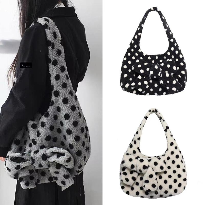Fashion Polka Dot Hobo Bag Creative Bow Design Shoulder Bag Soft Plush Crossbody Bag Women Winter Large Capacity Commute Handbag