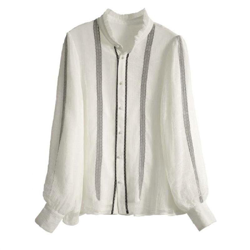 Black Fungus Spitzenbesetztes Stehkragen-Doppellagiges Einreihiges Langarmhemd für Damen Frühherbst Neues Oberteil