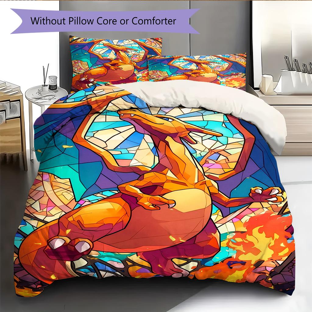 Pokémon Charmander Pattern Bedding Home Decoration Birthday Gift (1 * Duvet Cover + 2 * Pillowcase, Without Core)
