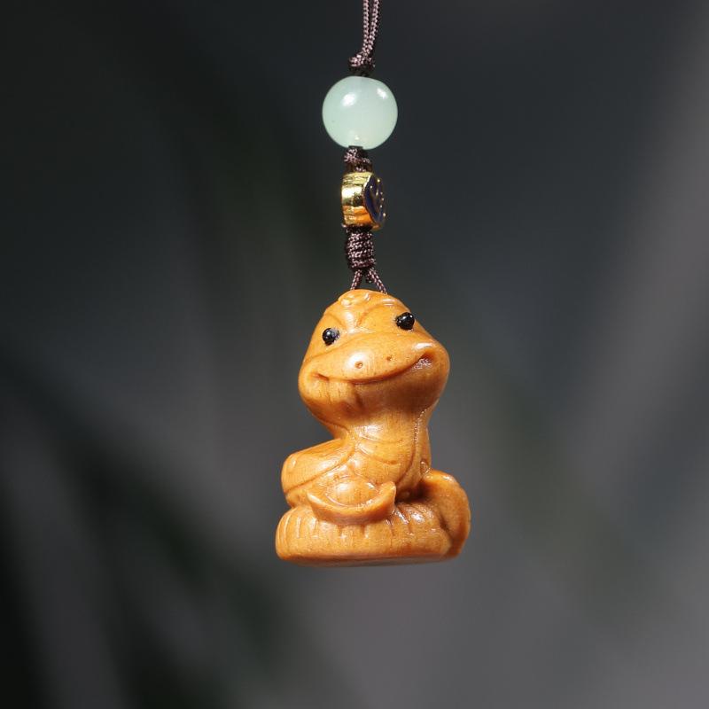 Hand Carved Wooden Chinese Zodiac Snake Pendant Cute Cartoon Snake Lucky Charm Keychain Car Rearview Mirror Bag Hanging Ornament