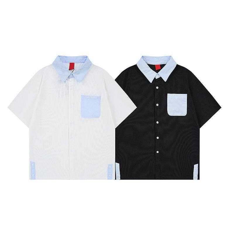Camicia a maniche medie con patchwork a colori contrastanti da uomo, tendenza estiva, marca, camicia con tasca a maniche a tre quarti, giacca casual da teppista, bella, larga, pigra