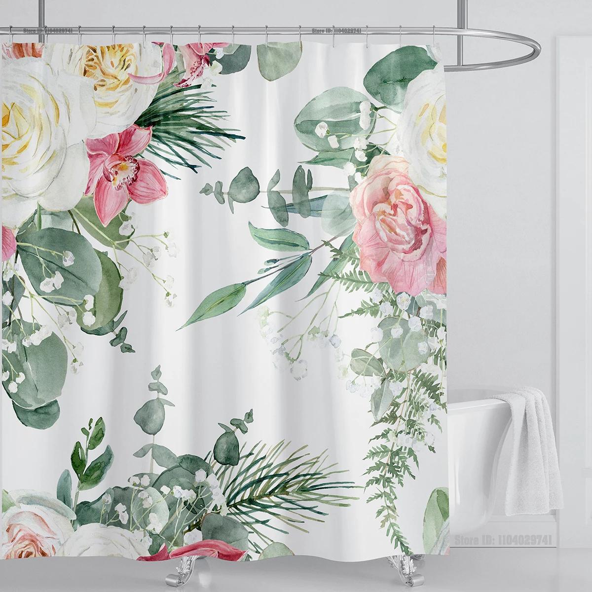 Textile Article Light Watercolor Leaves On The Top Plant With Floral Bathroom Greenery Leaf Decoration Watercolor Botanical Shower Curtain With Hooks