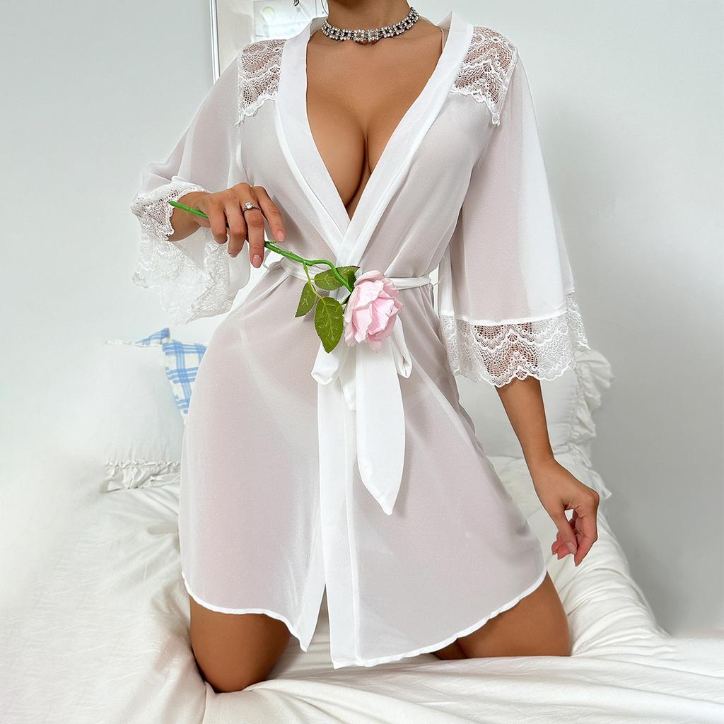 Sexy Pajamas Chiffon Lace Stitching Perspective Nightgown Seduction Women's Cardigan Robe