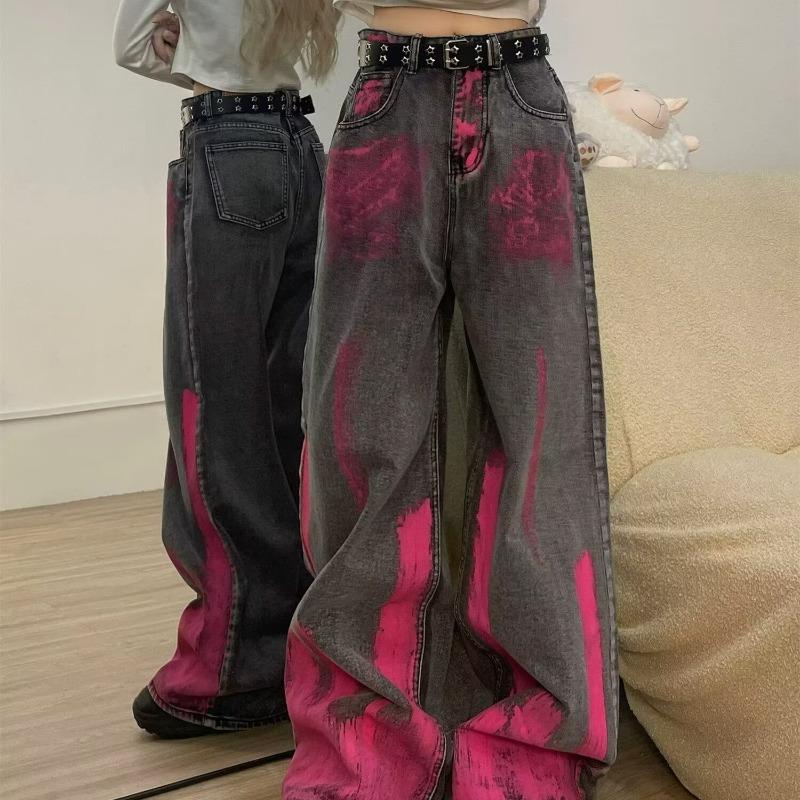 American vibe retro pink graffiti premium gray jeans men's high street loose straight wide-leg floor pants trendy brand