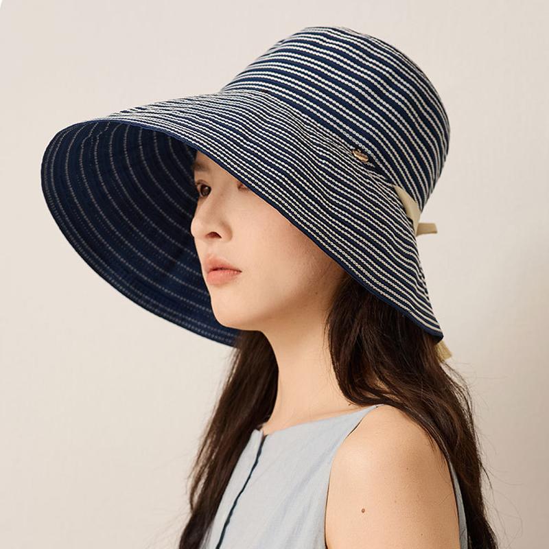 Striped Bow Big Brim Fisherman Hat Women's Summer Outdoor Travel Foldable Sun Hat