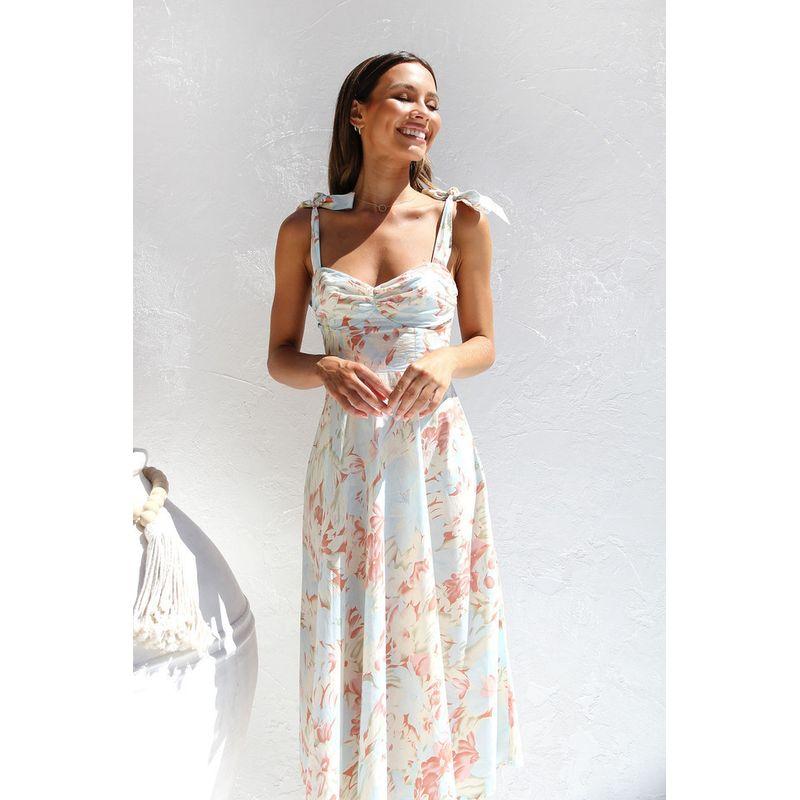 

Cross-Border Foreign Trade Amazon 2024 Summer Silm Slim Looking Tight Waist V Neck Spaghetti-Strap Floral Print Mid Length Long Length Dress Women Apricot color XL