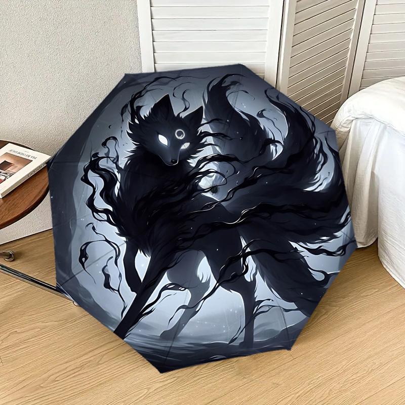 Enchanted Wolf Moonlit Forest Umbrella: Automatic Opening & Closing, Outdoor Protection, Lightweight Travel Accessory, Durable Gift for Nature Lovers