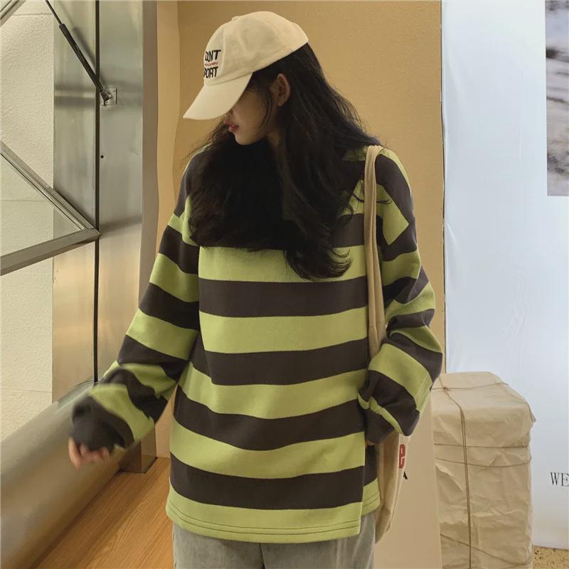 Women's Retro Striped Round Neck Sweatshirt - Casual, Loose, Thin Trend for Autumn and Winter