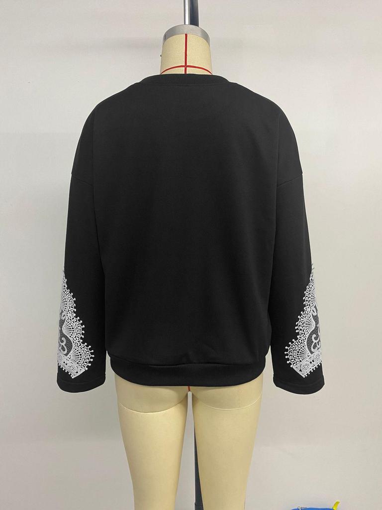 Women's Lace Patchwork Autumn Pullover Top - Casual Round Neck Sweatshirt