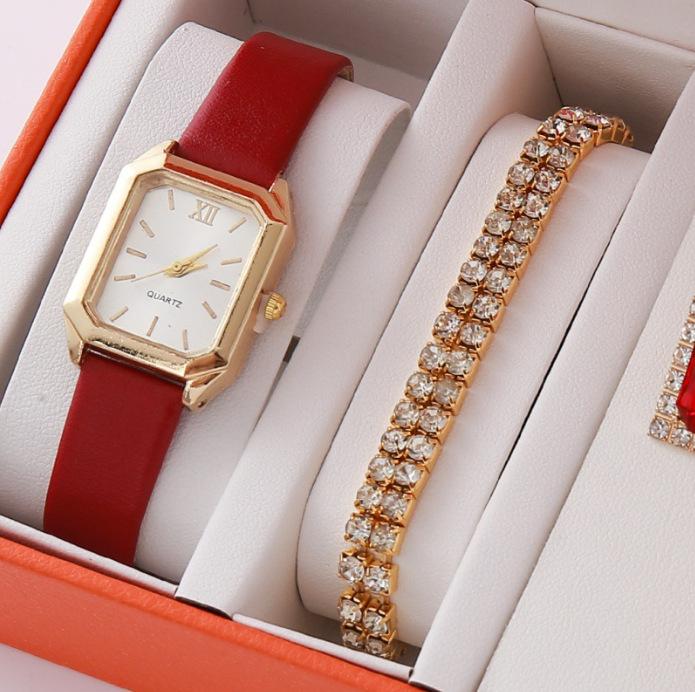 

Authentic Luxury High-End Gold Three-Piece Jewelry Set Fashionable Valentine S Day European And American Full Diamond Watch large price