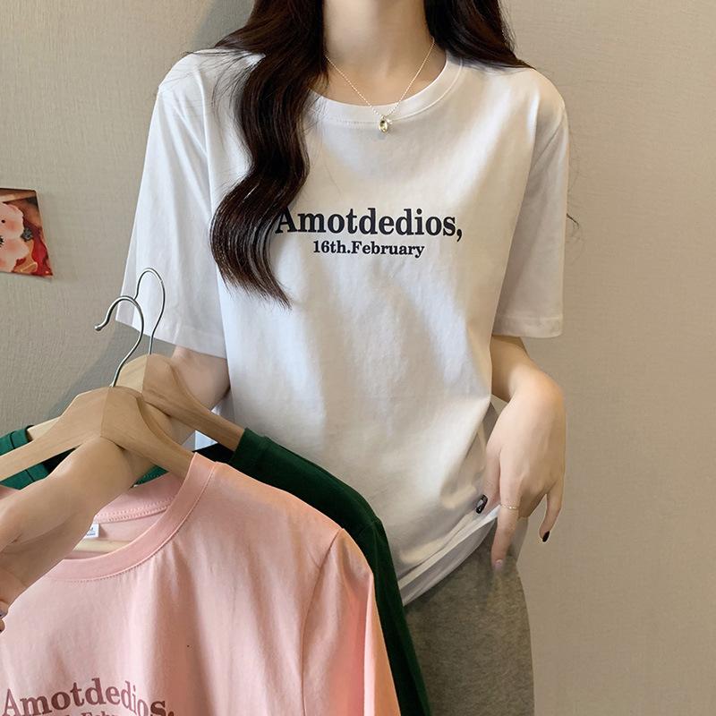 

Зеленая футболка для женщин, лето 2024, новый стиль, чистый хлопок, буквенный принт, правое плечо, свободная нижняя рубашка с короткими рукавами, топ XL белый