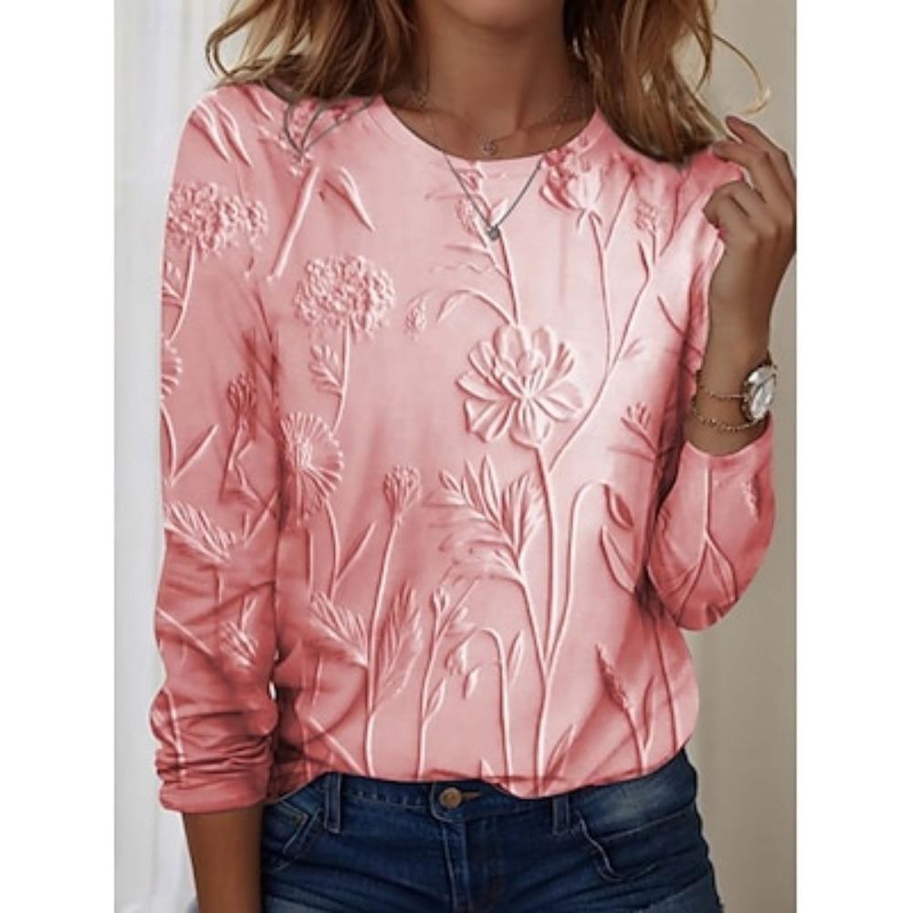 Women's T Shirt Floral Casual Long Sleeve Round Neck Regular Tops Weekend Print Clothing