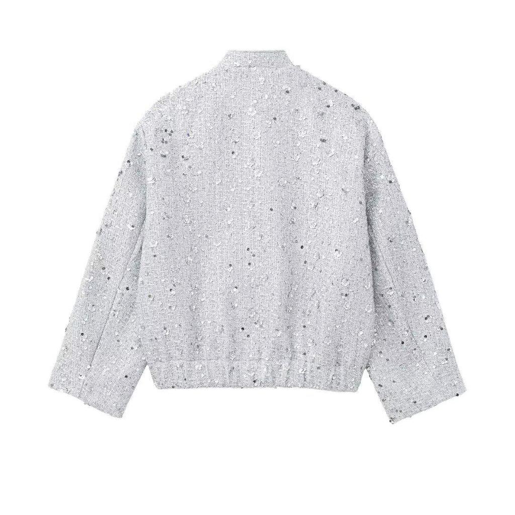 European & American Women's Sequin Stand-up Collar Jacket - Autumn/Winter 2025 Fashion, Solid Color, Short Casual Style