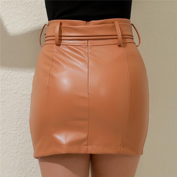 Women's Fashion High Waist Bandage Bowknot Zipper Skirt Casual Sexy Slim Leather Skirt