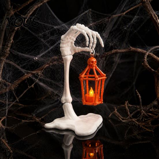 Battery Operated Flickering Light Skeleton Arm Lantern, 3D Printed Halloween Hand Holding Up Lantern Portable Table Centerpiece with LED Candle