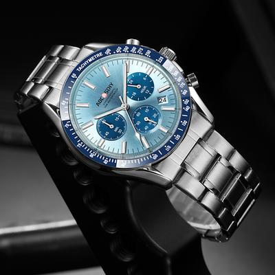 Stříbrné Modré Křemenné Chronograf Pánské Hodinky Nerezová Ocel Business Luxusní Hodinky Pro Muže Reloj Hombre Hodiny Dárek