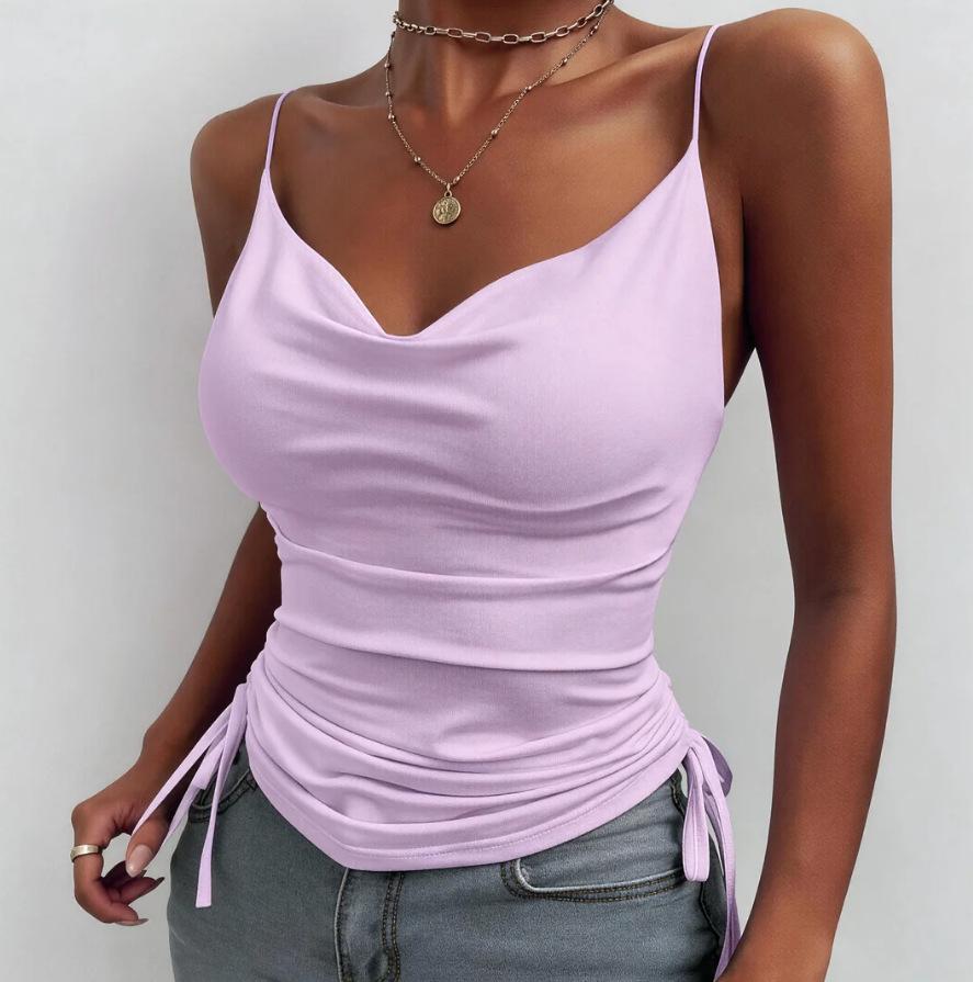 Popular European And American Summer Printing Sling Solid Color Dark V-Neck Sling Tight Drawstring Casual Small Vest