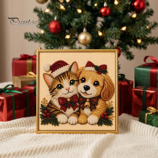 Winterwunderland Kreativaktivitäten Weihnachten Kunst-Kit mit künstlichen Perlen, Xmas Hut Katze Hund Malerei DIY Themenprojekte 3D Welpen Perlen Bastel-Kit für Erwachsene,