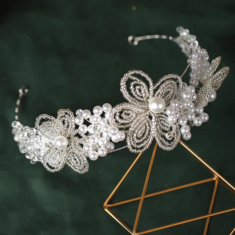 Sequin Handmade Woven Pearl Flower Headband Crown Korean Style Headdress Accessories Bride's Wedding Headdress