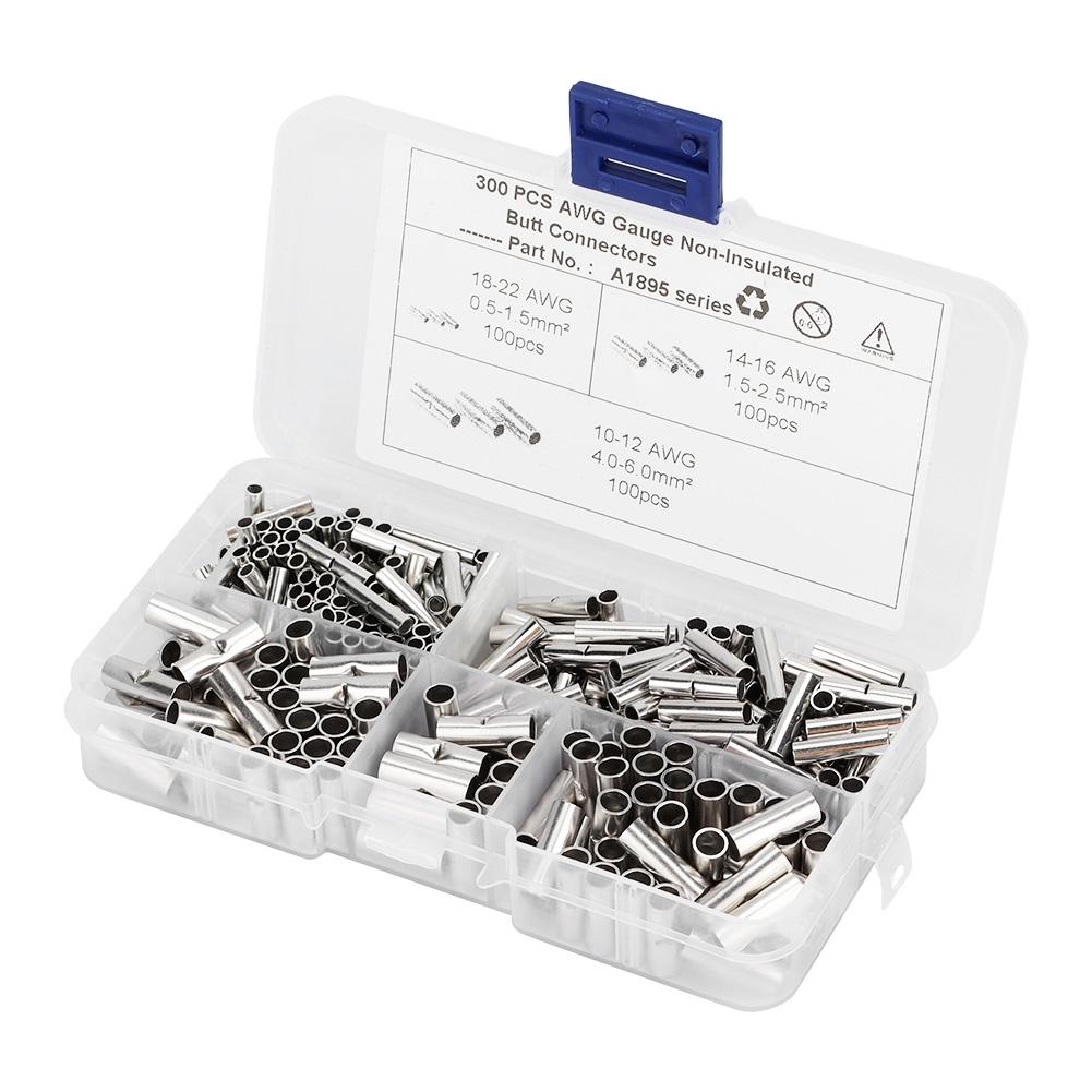 300Pcs Non Insulated Copper Butt Splice Wire Connector Tinned Crimp Terminal Kit for Boat Auto