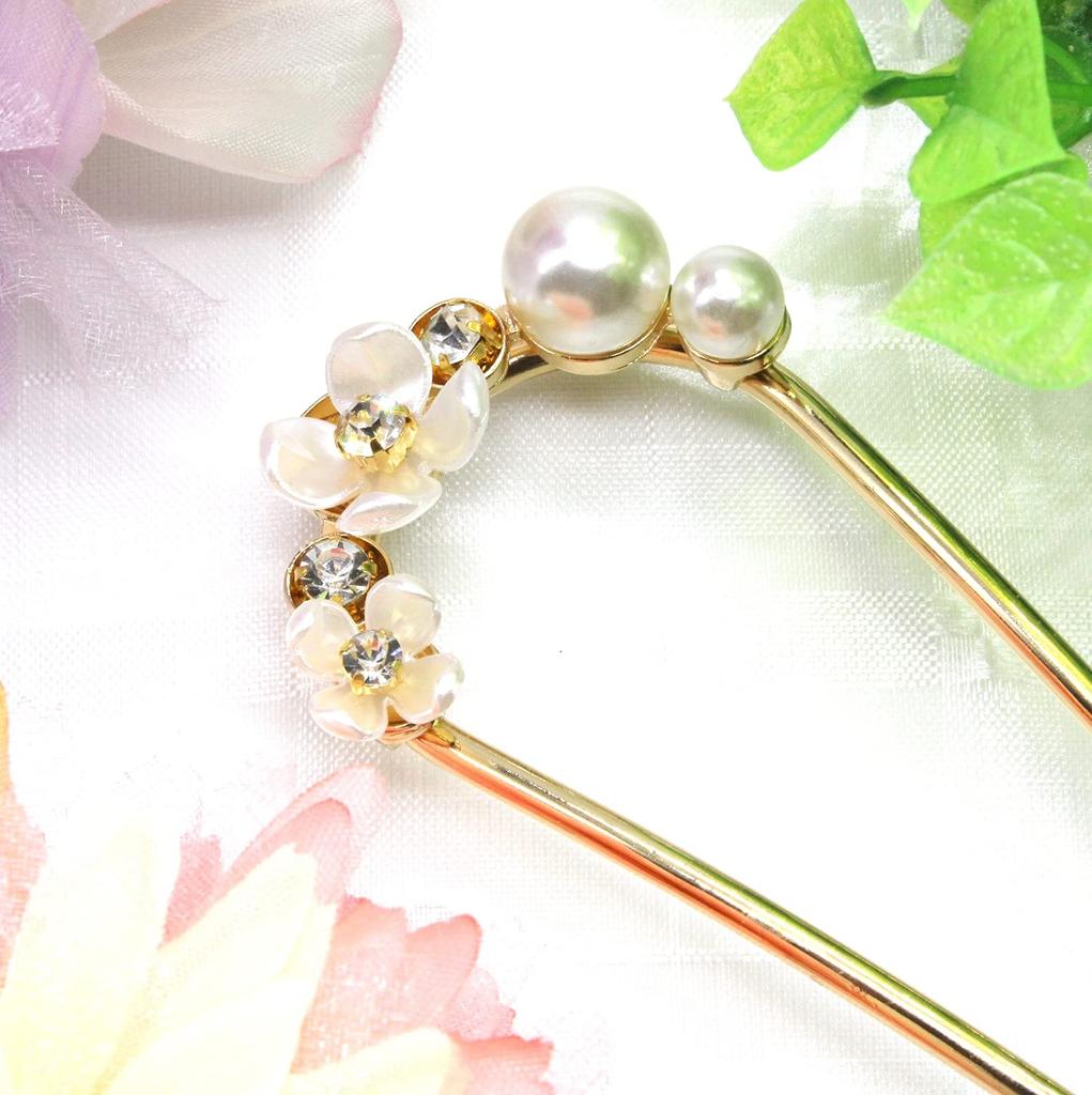 Miaomyao Hairpin Drumstick Hair Ornament Japanese Style Tomesode Metal Cubic Zirconia Flower Plum Blossom White Plum Pearl Bijou Comb Hair Accessory