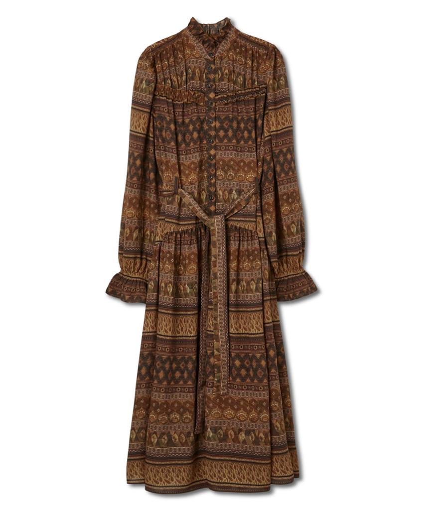Penfield Ethnic Pattern Shirred Dress Brown_Fs1Ws09F