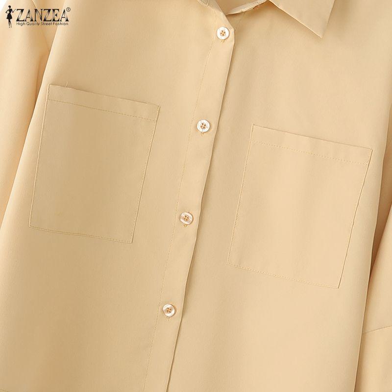 ZANZEA Womens 3/4 Sleeve Lapel Button Down Loose Cropped Shirt Blouse