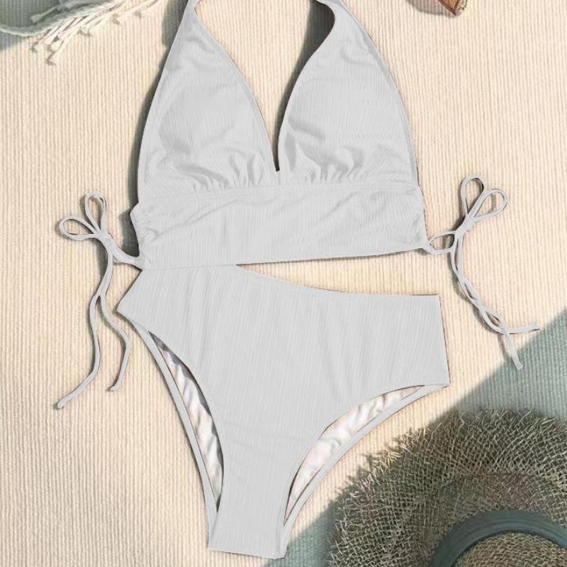New European and American Swimsuit Special Fabric Solid Color Neck Women's Split Bikini Swimsuit