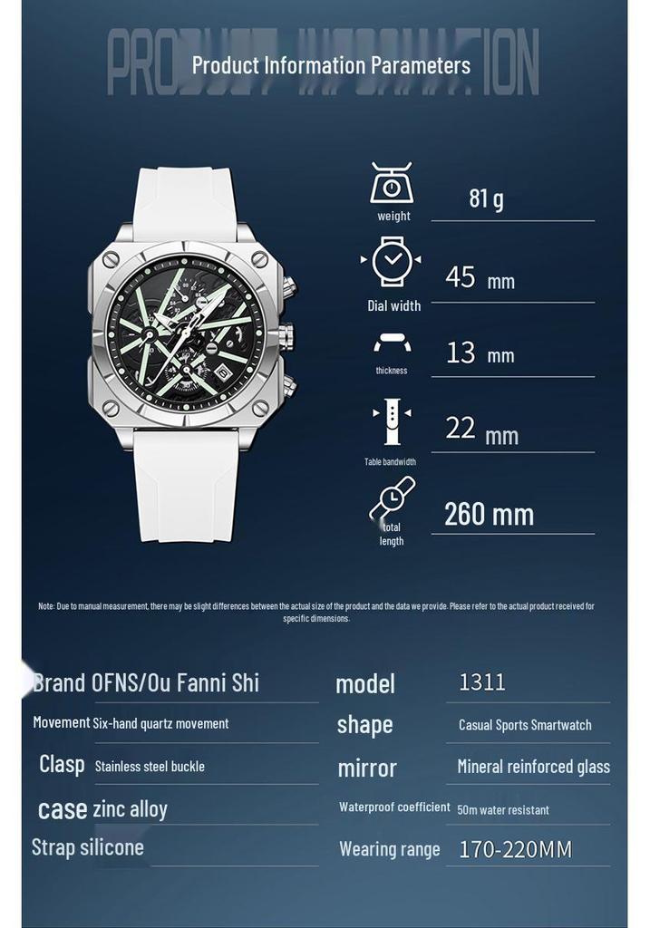 OFNS Men's Six-Needle Chronograph Quartz Watch with Luminous Bar Markers, Square Face, Waterproof, and Calendar.