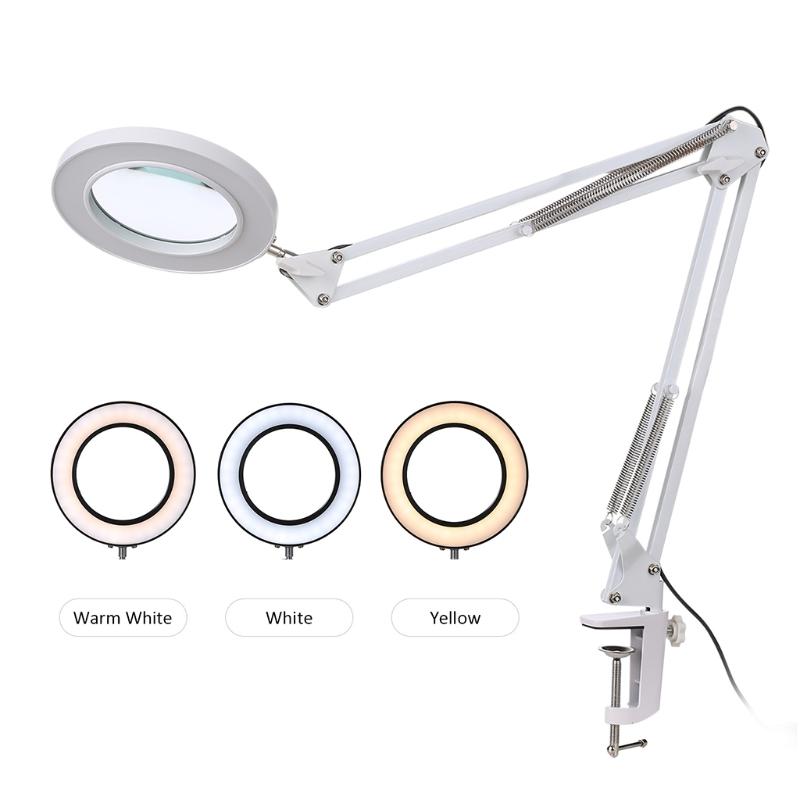 LED Magnifying Lamp Metal Swing Arm Magnifier Lamp - Stepless Dimming 3 Color Modes 5X Magnification Adjustable