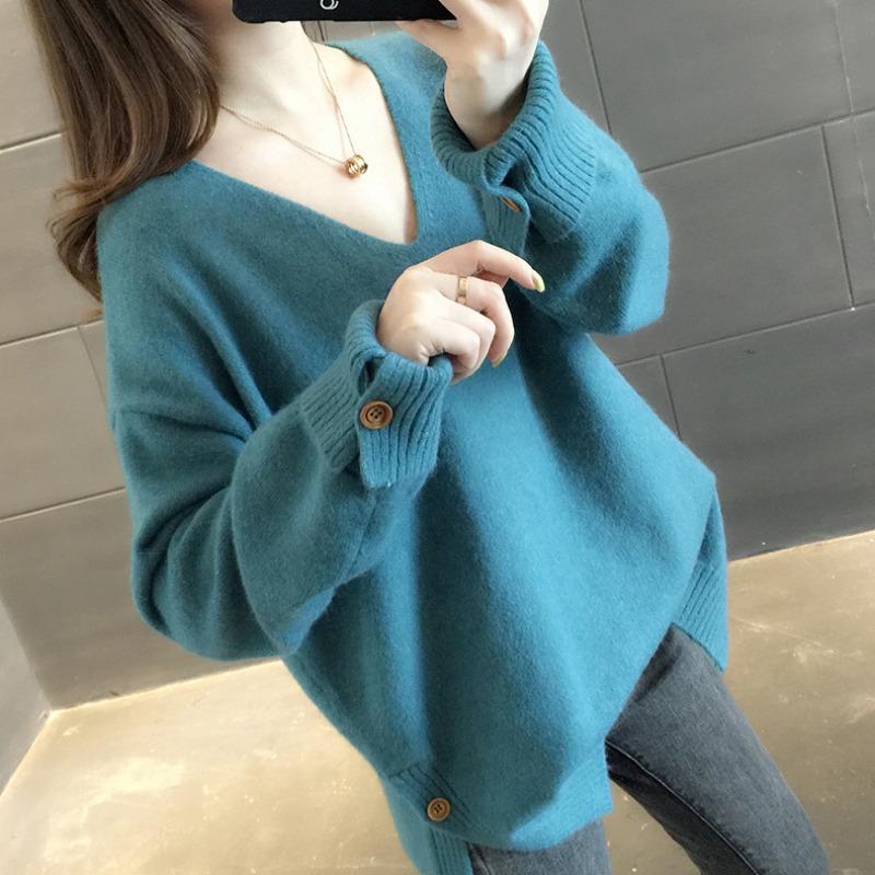 Autumn New Long Sleeve V Neck Women's Knitted Sweater Fashion Casual Loose Solid Winter Sweaters Women Soft Warm Elegant Ladies Knitwear Jumpers 25524